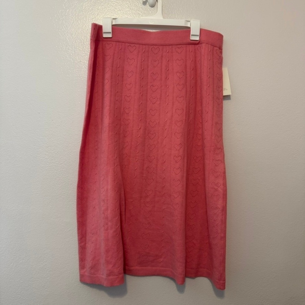A New Day Pink Heart Pointelle Knit Midi Skirt Large NWT